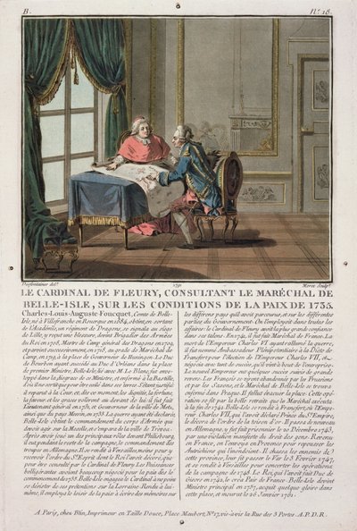 Cardinal de Fleury consults with Marechal de Belle-Isle on the conditions of the Peace, 1735, engraved by Jean Baptiste Morret, 1791 by Jacques Francois Joseph Swebach